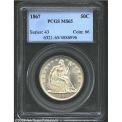 1867 50C MS65 PCGS. The 1867 was produced to the extent of 449,300 business strikes, many examples o