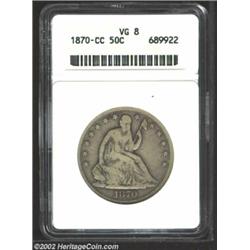 1870-CC 50C VG8 ANACS. Only a portion of the L and Y in LIBERTY is visible, but most letters within.