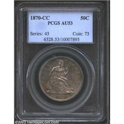 1870-CC 50C AU53 PCGS. The premier U.S. Half Dollar produced in the Carson City Mint, the 1870-CC is