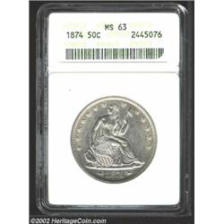 1874 50C Arrows MS63 ANACS. A brilliant, well struck, and lustrous specimen that has no obtrusive ab