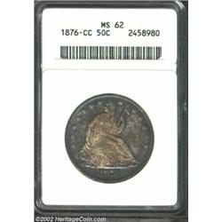 1876-CC 50C MS62 ANACS. Swirling mint luster dances beneath medium crimson-purple toning. Mottled br