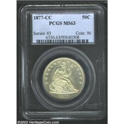 1877-CC 50C MS63 PCGS. Dusky gold patina reduces the reflectivity of the surprisingly prooflike fiel