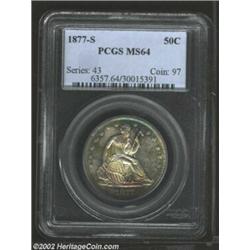 1877-S 50C MS64 PCGS. Boldly lustrous surfaces lie beneath the attractive toning on this half dollar