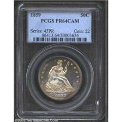 1859 50C PR64 Cameo PCGS. Dappled orange-tan shadings adorn the peripheries with some hazy silver-gr