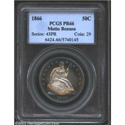 1866 50C PR66 PCGS. Ex: Benson. The toning that graces the peripheral areas of this razor sharp Gem.