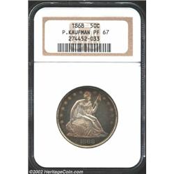 1868 50C PR67 NGC. Ex: P. Kaufman. The fully brought up devices, reflective fields, and knife-like r