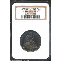 1873 50C No Arrows PR67 NGC. Ex: P. Kaufman. All 600 proof 1873 No Arrows Halves produced display a.