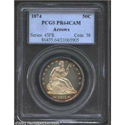 1874 50C Arrows PR64 Cameo PCGS. Thin rings of cobalt-blue and reddish-russet patination encircle bo