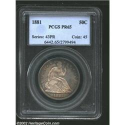 1881 50C PR65 PCGS. The borders have iridescent navy-blue and mauve-violet patina, while the centers