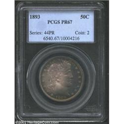 1893 50C PR67 PCGS. Off center swirls of lavender-gray patina interrupt the otherwise even endowment