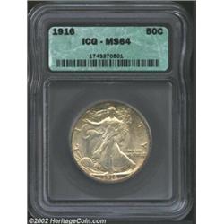 1916 50C MS64 ICG. Sharply struck and carefully preserved, this near-Gem displays satiny surfaces wh