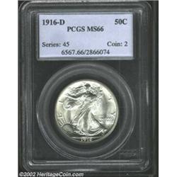 1916-D 50C MS66 PCGS. This flashy first year D-mint half is fully brilliant, minimally abraded, and.