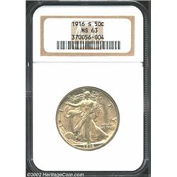 1916-S 50C MS63 NGC. Traces of patina are noted on both the obverse and reverse. The grainy luster o