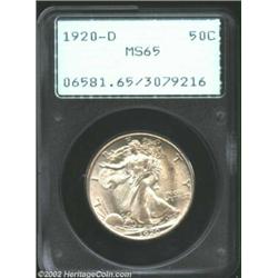 1920-D 50C MS65 PCGS. Housed in a first generation PCGS holder, this boldly struck '20-D shows a tou