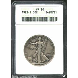 1921-S 50C VF20 ANACS. A faint pinscratch on the reverse does little to detract from this solid mid-