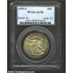 1929-S 50C AU58 PCGS. Delicate golden-tan color yields to dark-russet patina near some of the border