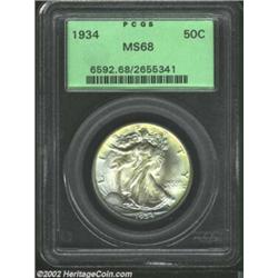 1934 50C MS68 PCGS. Pastel orange, gold, and powder-blue shades adhere to much of the obverse border