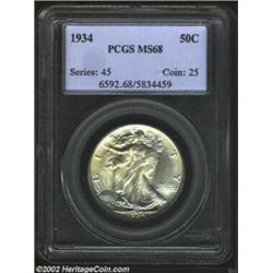 1934 50C MS68 PCGS. Off center swirls of pale golden iridescence are seen on both sides, as well as.