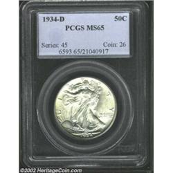 1934-D 50C MS65 PCGS. Extremely sharp strike with full skirt lines apparent, and Ms. Liberty's thumb