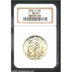 1936-S 50C MS66 NGC. A smattering of champagne color accents the obverse of this otherwise brilliant