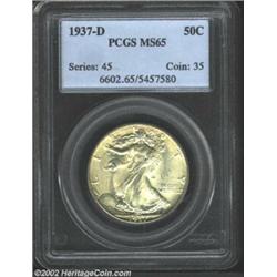 1937-D 50C MS65 PCGS. Sprays of pale golden-tan patina overlay fully lustrous, frosty textured featu