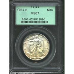 1937-S 50C MS67 PCGS. Boldly defined with satiny, well frosted surfaces that are overlaid in delicat