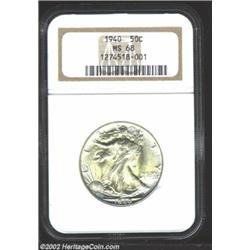 1940 50C MS68 NGC. A conditionally rare survivor of this otherwise plentiful P-mint Half Dollar, bot