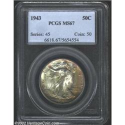 1943 50C MS67 PCGS. Sharply struck with colorful lime-green and golden-red color mostly concentrated