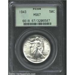 1943 50C MS67 PCGS. This specimen possesses impressive satin-like surfaces and dazzling mint frost.F