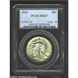 1943 50C MS67 PCGS. The devices and lettering of this Superb Gem are sharply impressed and fully rai