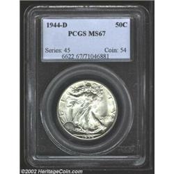 1944-D 50C MS67 PCGS. Completely brilliant with remarkable vibrancy and sharpness. The fields are es