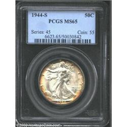 1944-S 50C MS65 PCGS. An attractive specimen exhibiting frosty surfaces and delicate peripheral irid