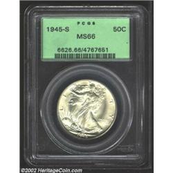 1945-S 50C MS66 PCGS. Just a whisper of golden patina is seen over pristine, frosty surfaces. About.