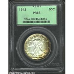 1942 50C PR68 PCGS. Crescents of rich multicolored toning adhere to the lower right obverse and uppe