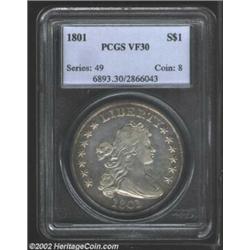 1801 S$1 VF30 PCGS. B-3, BB-213, R.3. Bright overall with light peripheral coloration. Each side is.