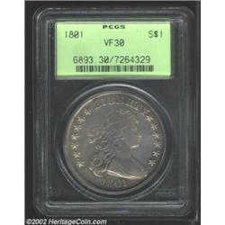 1801 S$1 VF30 PCGS. B-1, BB-211, R.3. Moderately worn over the central devices with gray-lilac patin