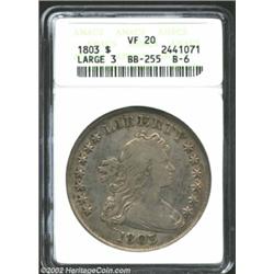 1803 S$1 Large 3 VF20 ANACS. B-6, BB-255. Olive-gray in appearance, the surfaces are evenly worn ove