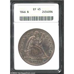 1846 S$1 XF45 ANACS. An original coin with a natural mottled coating of gray, blue, and purple tonin