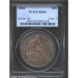 1846 S$1 MS62 PCGS. With a relatively generous total of 110,600 pieces produced, the 1846 is among t