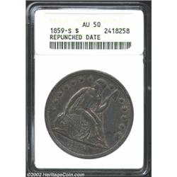 1859-S S$1 AU50 ANACS. Repunched Date. Breen-5462. The 1 and 8 display faint signs of repunching at.