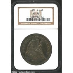 1859-S S$1 AU53 NGC. Breen-5462. The 18 in the date is lightly repunched south. Dense brown and coba