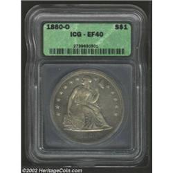 1860-O S$1 XF40 ICG. Although this is perhaps the commonest No Motto type of Seated Dollar, it shows