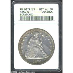 1866 S$1--Scratched--ANACS. AU Details, Net AU50. The first year the silver dollar carried the motto
