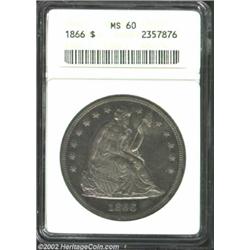 1866 S$1 MS60 ANACS. The details on this specimen are characteristic of a proof strike, both bold an