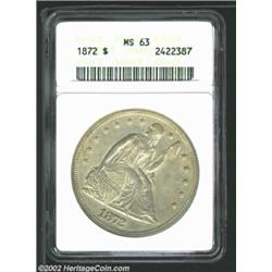 1872 S$1 MS63 ANACS. Boldly struck for the type with no individually bothersome abrasions. The luste