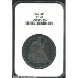 1865 S$1 PR61 NGC. Deeply toned in charcoal gray with blue undertones. A mere 500 pieces were struck