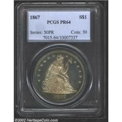 1867 S$1 PR64 PCGS. This is a pleasingly original near-Gem whose surfaces are overlaid in rich, well