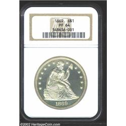 1869 S$1 PR64 NGC. Per Bowers (1993), there are three die marriages for the proof 1869 Seated Dollar