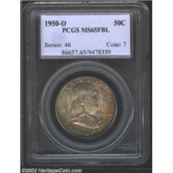 1950-D 50C MS65 Full Bell Lines PCGS. The rich copper-gold, sea-green, and dove-gray patina is unque