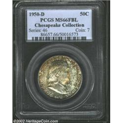 1950-D 50C MS66 Full Bell Lines PCGS. The dappled apple-green and copper-gold patina competes for te